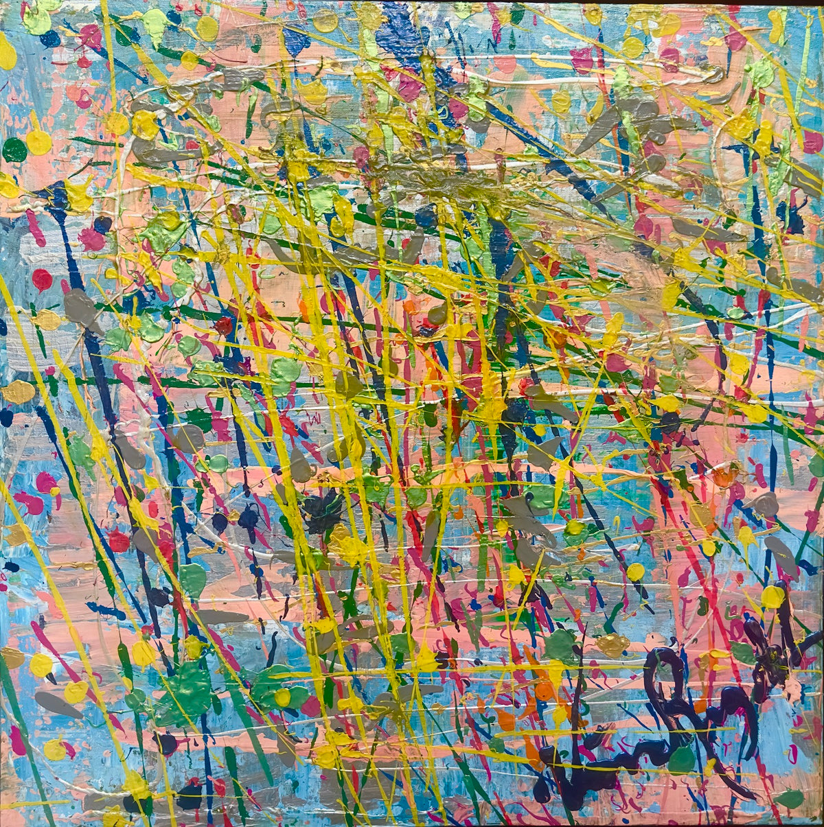 Baby Shower — original painting by Veronica Ruiz de Velasco. Yellow, coral, magenta and blue paint dripped and flung across the canvas in dense overlapping lines.