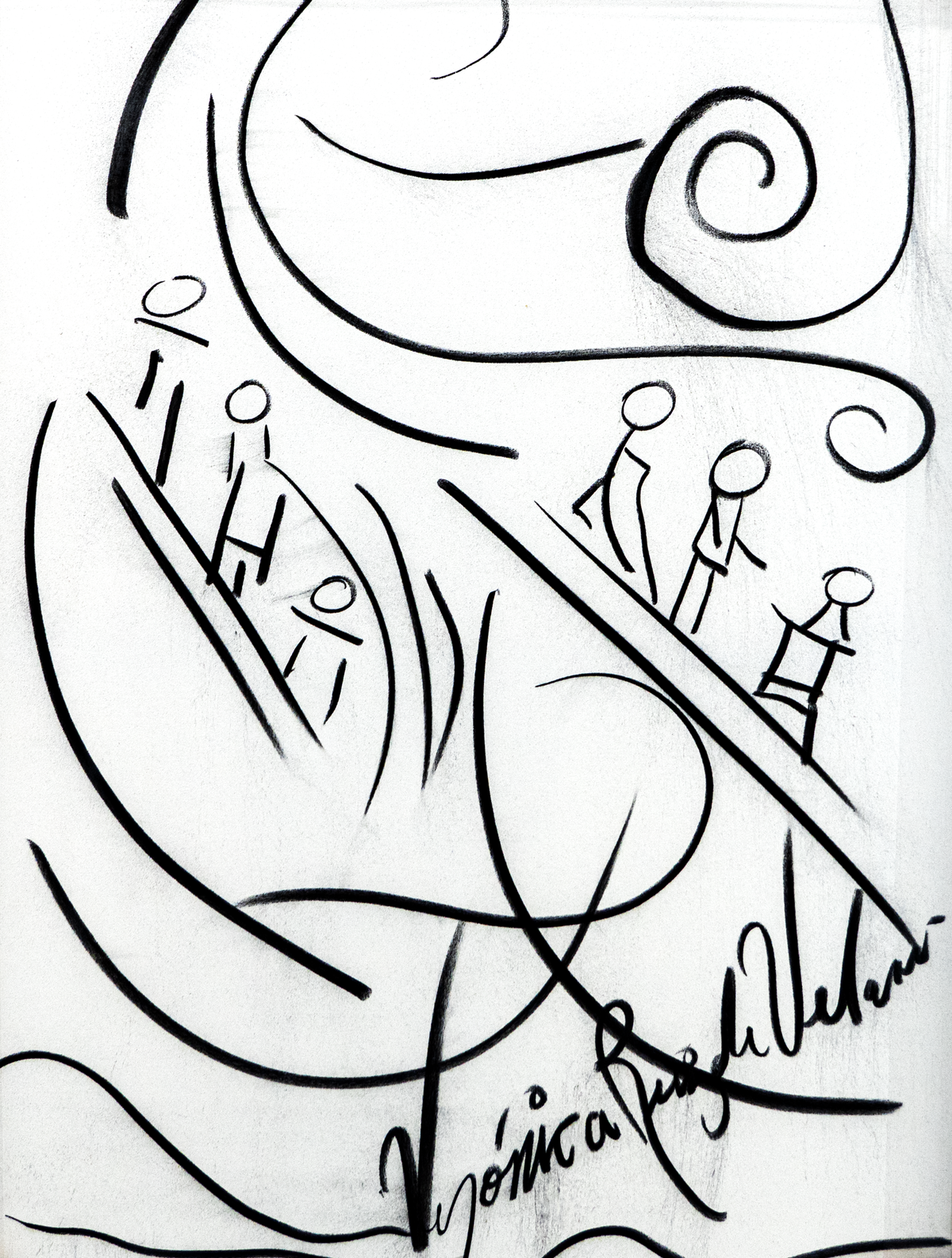 Line Study — Figures — by Veronica Ruiz de Velasco: a black calligraphic line drawing of small figures climbing inclined tracks on white