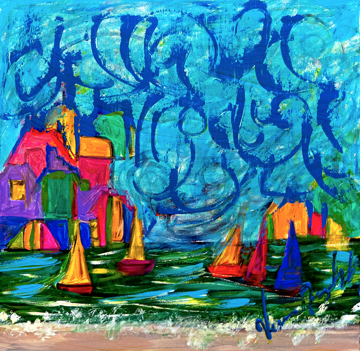 Coastal Village — by Veronica Ruiz de Velasco: gabled houses in purple, magenta and orange beside turquoise water with small sailboats