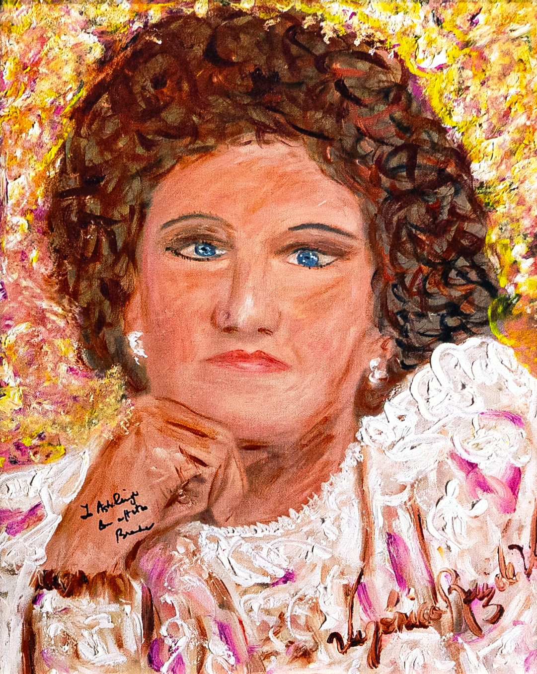Portrait for Ashleigh — by Veronica Ruiz de Velasco: a woman with auburn curls and blue eyes resting her chin on her fist in a white lace blouse