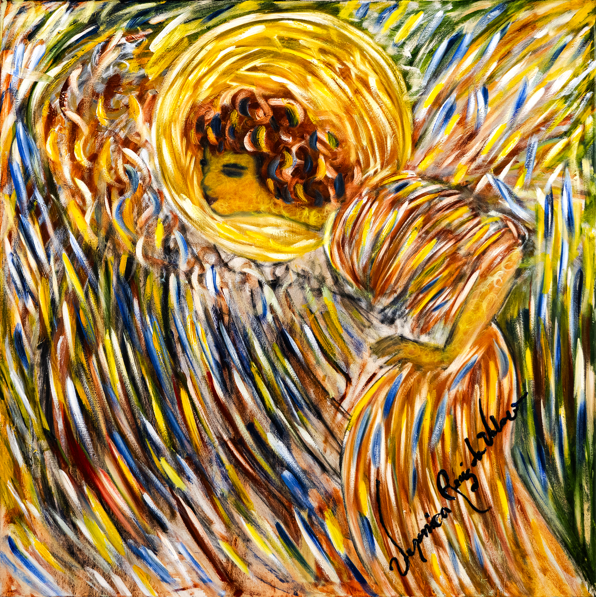 Golden Muse — by Veronica Ruiz de Velasco: a radiant golden disc with a simplified face and copper curls above sweeping blue and gold strokes