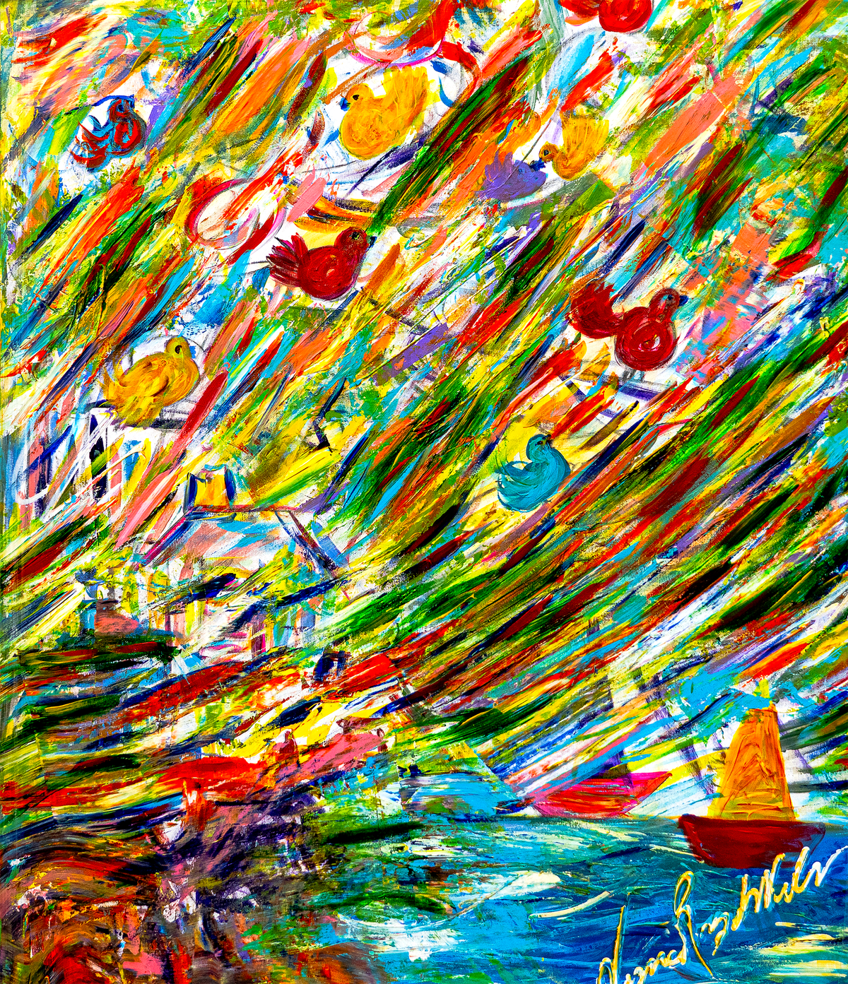 Birds Over the Harbor — by Veronica Ruiz de Velasco: diagonal green, yellow, red and orange slashes with small bird forms above a harbor with sailboats