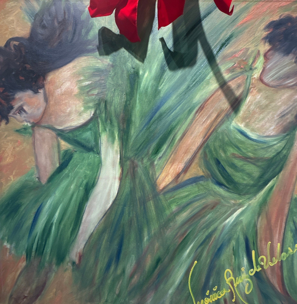 Gemelos — by Veronica Ruiz de Velasco: two figures in flowing sage-green gowns turned away against a warm ochre ground with a red ribbon above