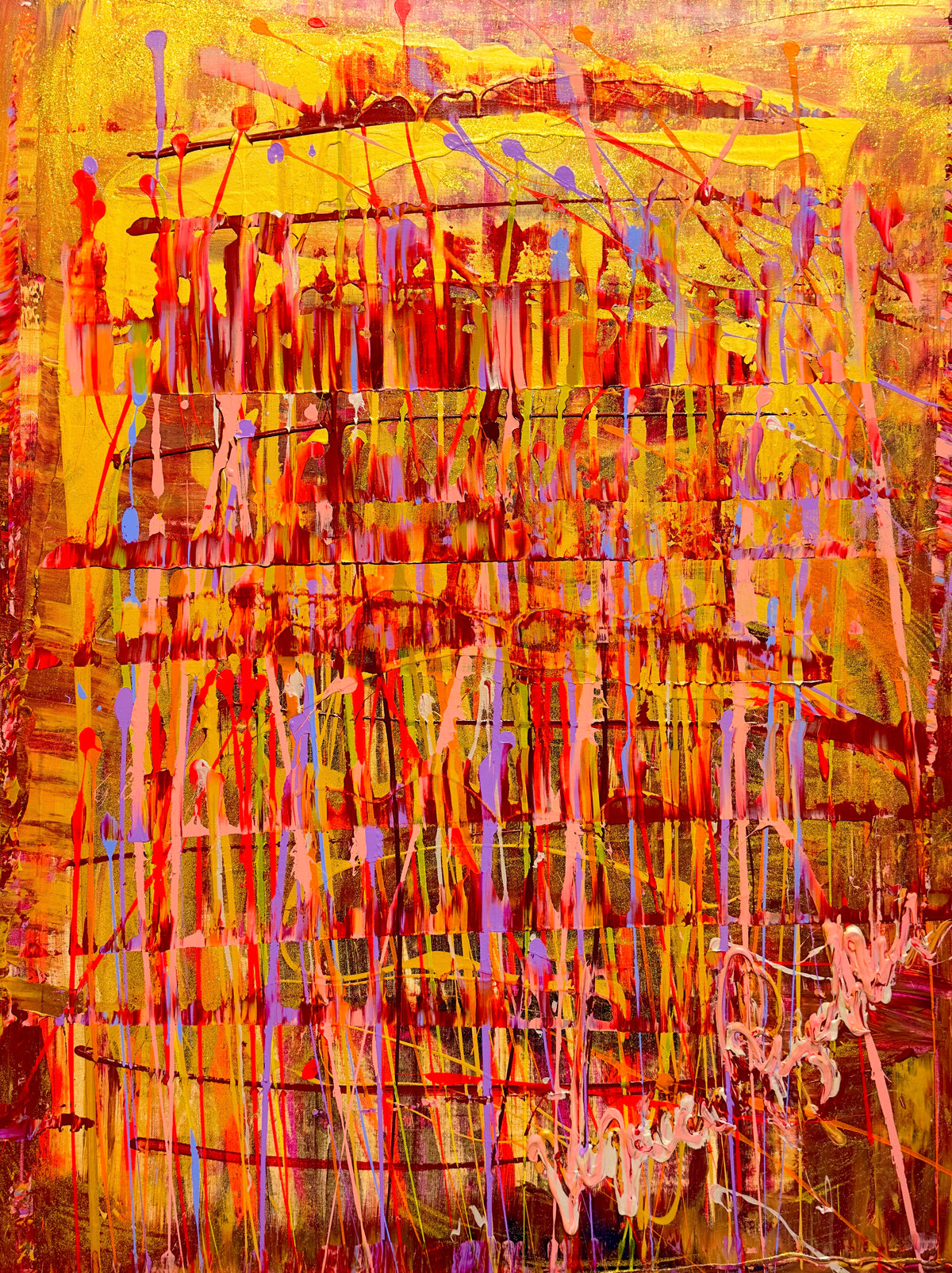 Gold — original painting by Veronica Ruiz de Velasco. Dense vertical drips of crimson, lavender and pink over a saturated gold ground.