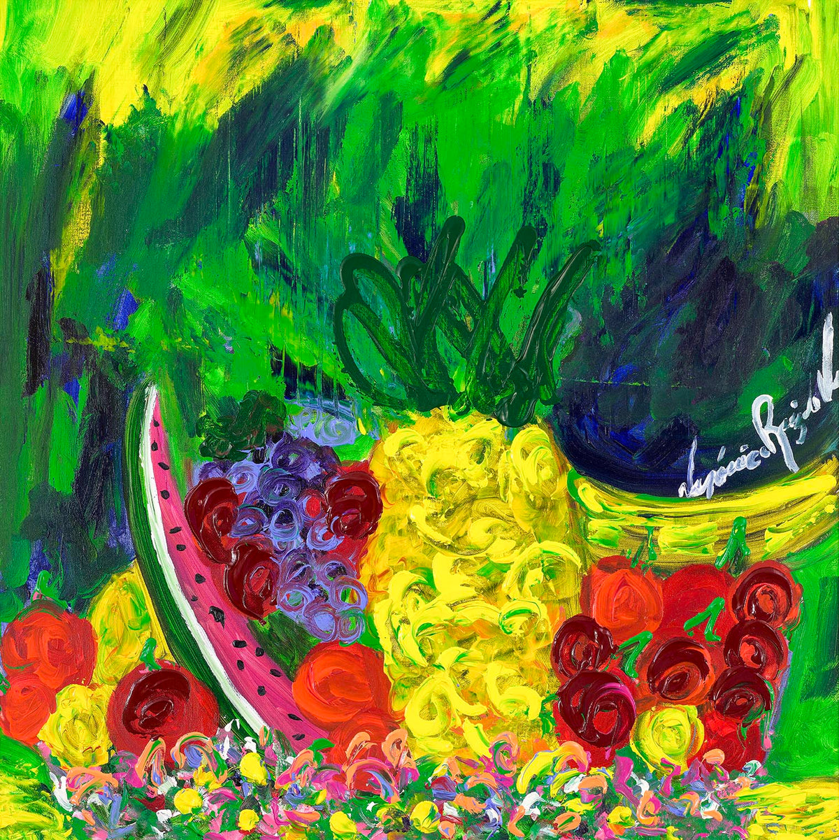 I Love Fruit — original acrylic on canvas by Veronica Ruiz de Velasco. A golden pineapple, watermelon wedge and grapes on a dense green ground.