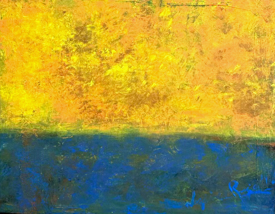 Sunset — by Veronica Ruiz de Velasco: a band of mottled gold and amber above a deep teal-blue lower band