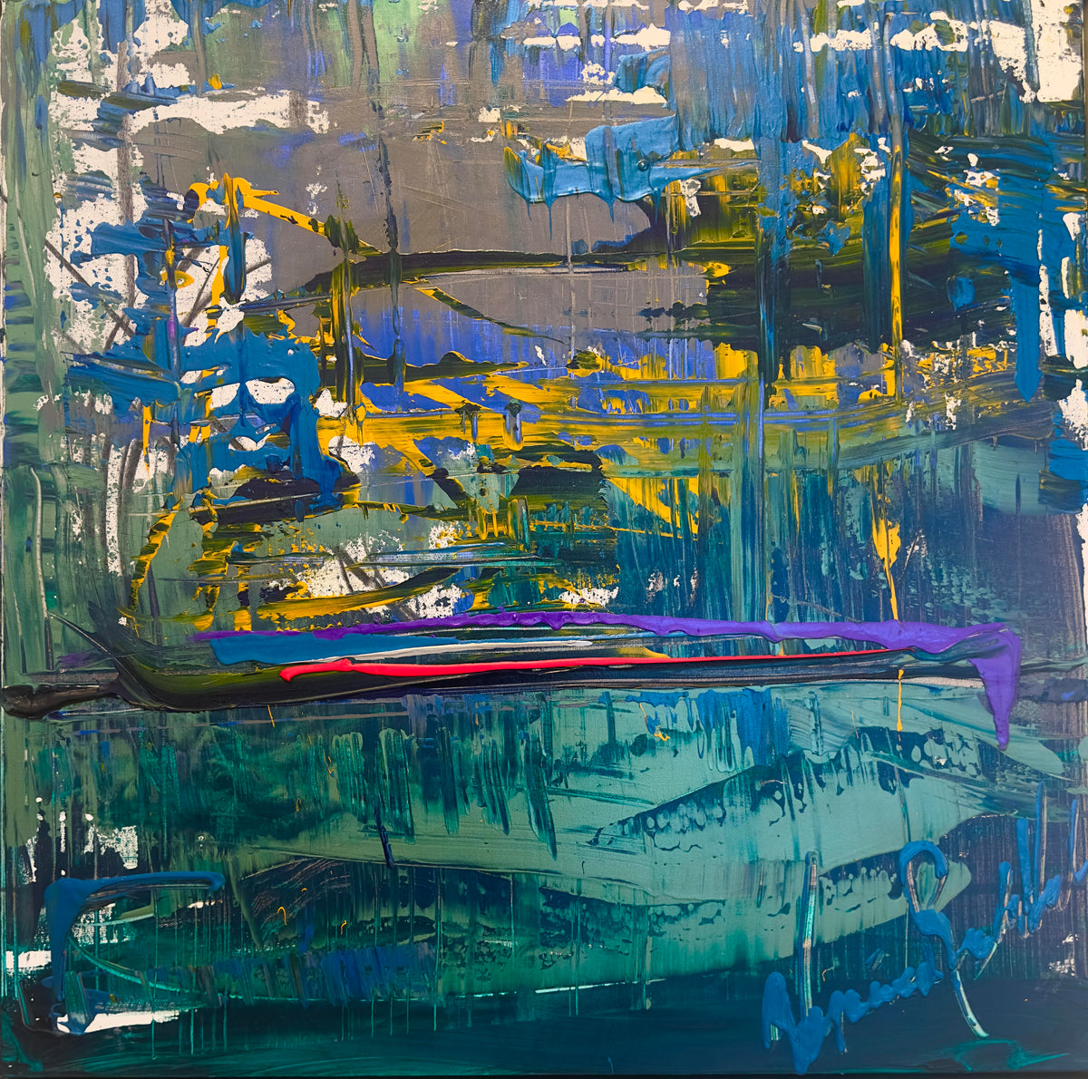 Life is Beautiful — original painting by Veronica Ruiz de Velasco. Abstract horizontal bands of deep blue, olive gold and teal with a ridge of impasto.