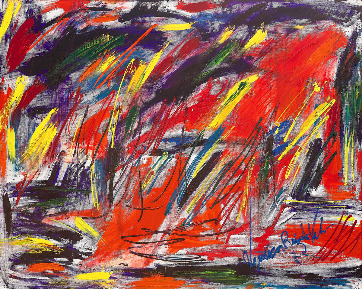 Love — by Veronica Ruiz de Velasco: slashes of red, orange, yellow and purple across a gray-white ground