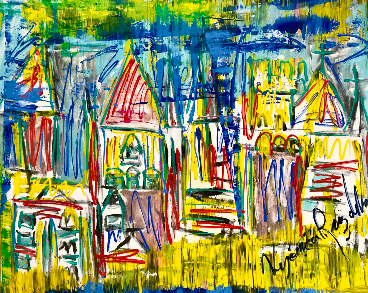 Lovely Downtown — original mixed technique by Veronica Ruiz de Velasco. A row of gabled, church-like facades in red, blue and yellow scribbles beneath a loose blue sky.