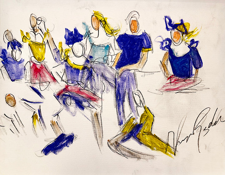 Sketching Dancers — original pastel drawing by Veronica Ruiz de Velasco. Loose pencil and pastel outlines of a cluster of figures in cobalt, mustard and brick red on raw paper.