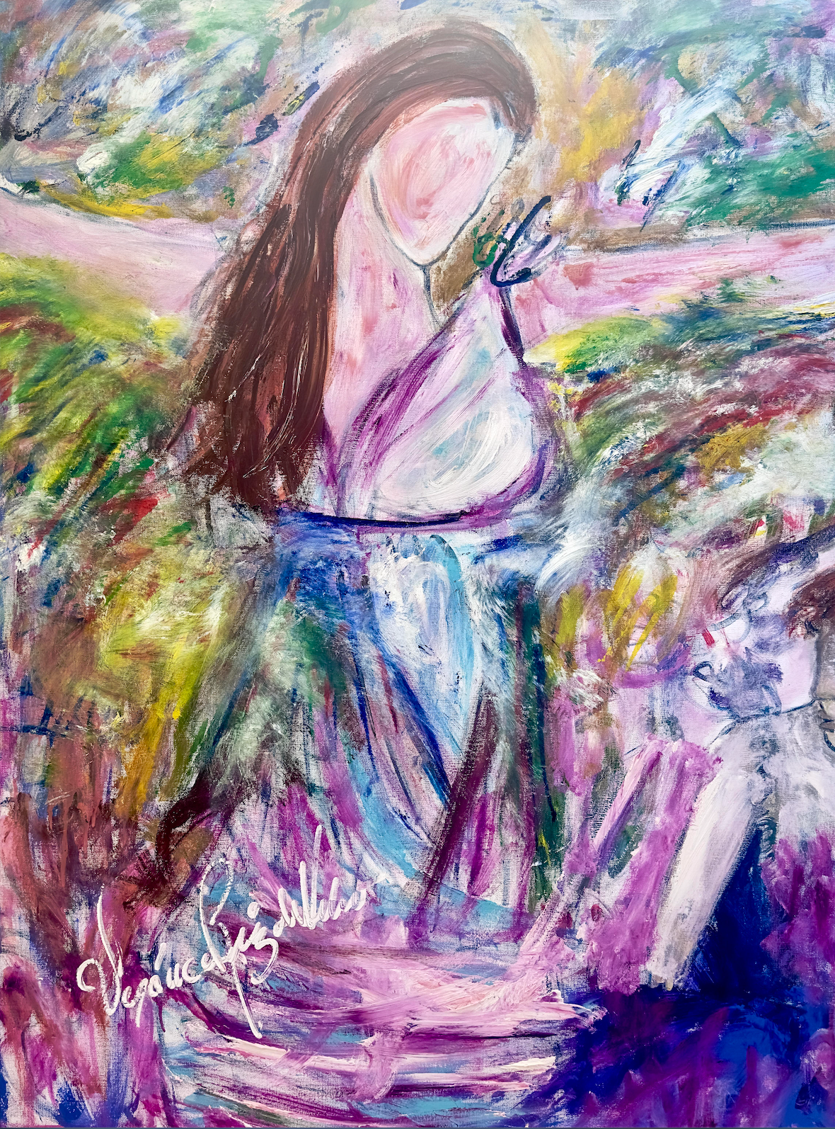 So Lovely — by Veronica Ruiz de Velasco: a long-haired figure in a violet and white garment with a blank face against loosely brushed green, gold and magenta