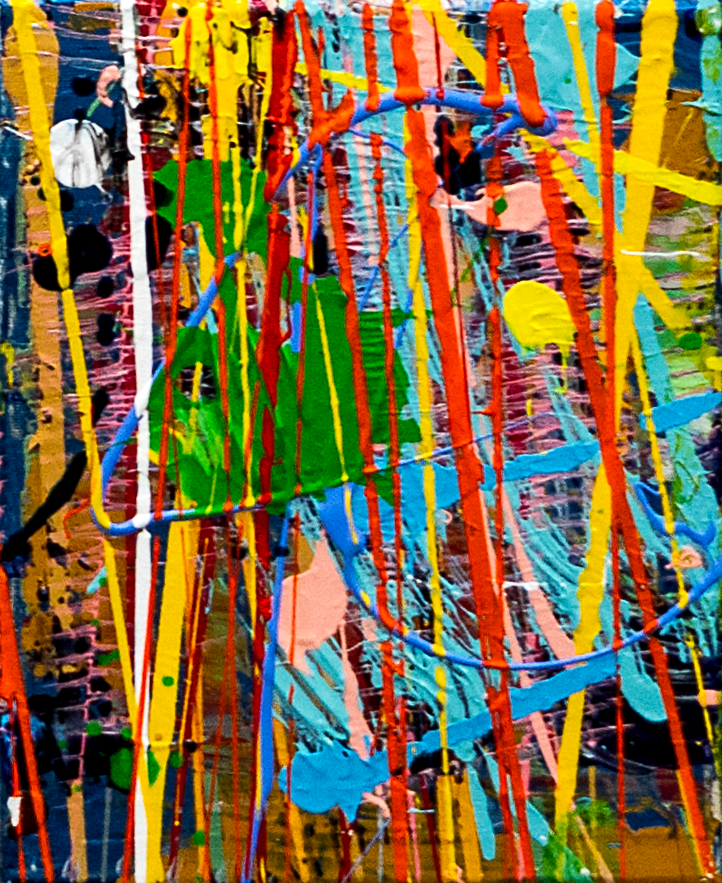 Summer Time 3 — by Veronica Ruiz de Velasco: vertical red-orange, yellow and sky blue drips over a maroon, ochre and navy ground with green shapes