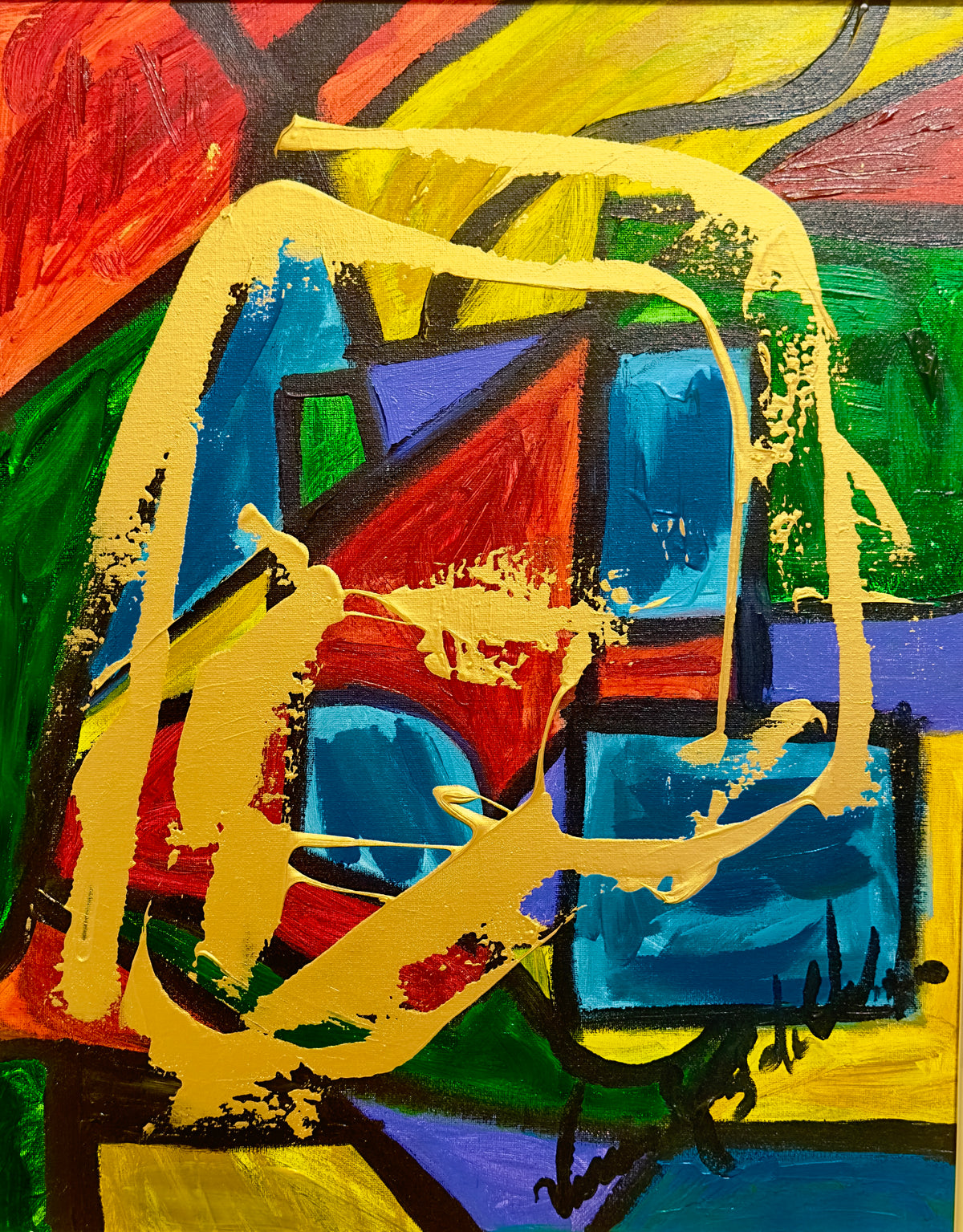 Ventana en la Iglesia — original painting by Veronica Ruiz de Velasco. Blocks of cobalt, red, orange and green inside heavy black outlines with a looping ribbon of pale gold paint.