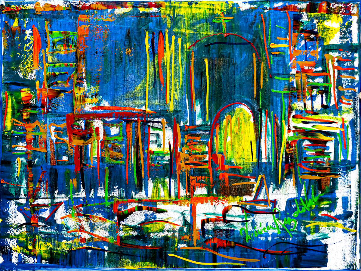 Veronica Ruiz - 346 y 36 — by Veronica Ruiz de Velasco: a deep blue ground with vertical drips in yellow, orange, red and green and reddish arch shapes