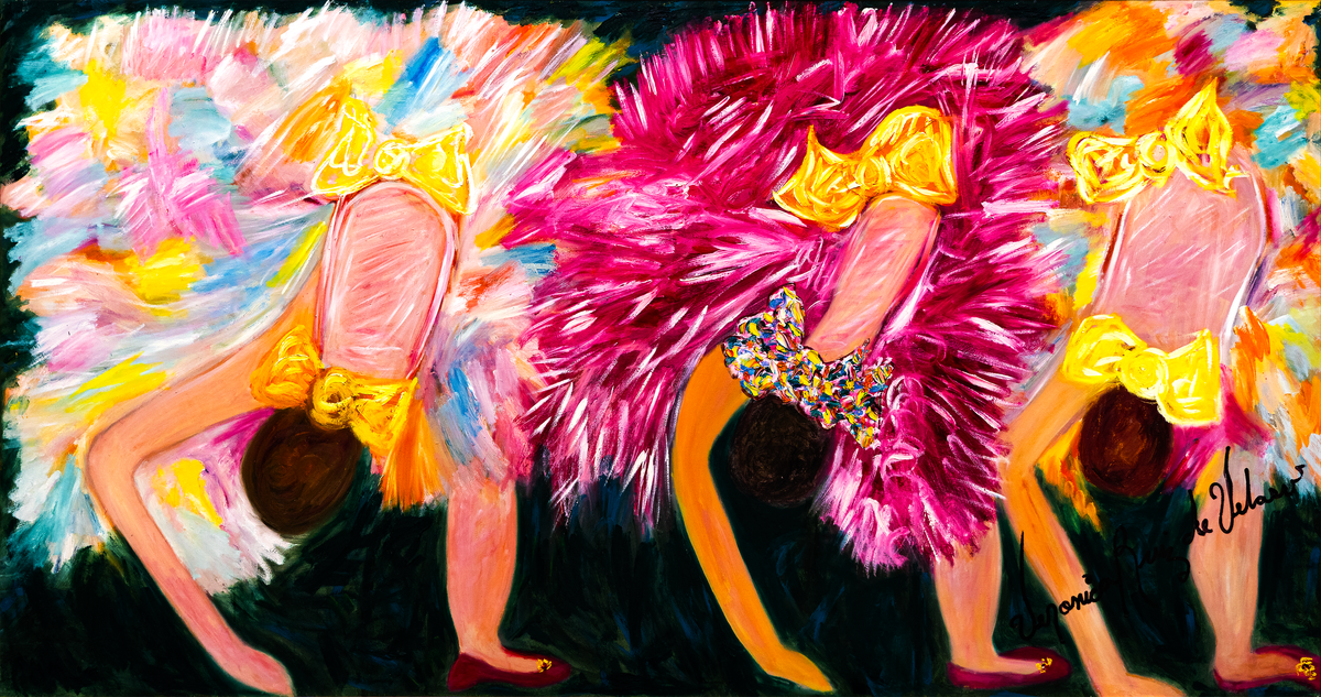 3 Sweet Dancers — by Veronica Ruiz de Velasco: three dancers bent forward from behind in feathery pink and yellow tutus with yellow bows