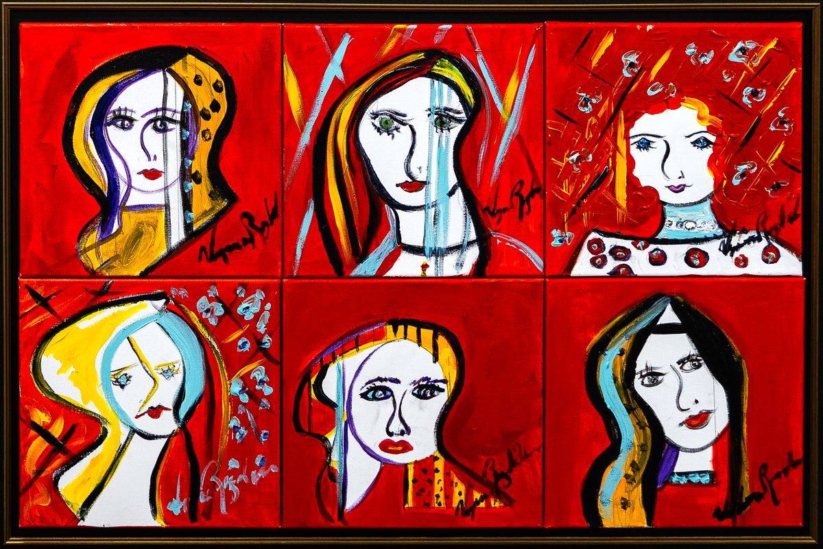 Amazing Daughter — by Veronica Ruiz de Velasco: six framed portrait panels of faces in cubist-style outline on a brick-red ground