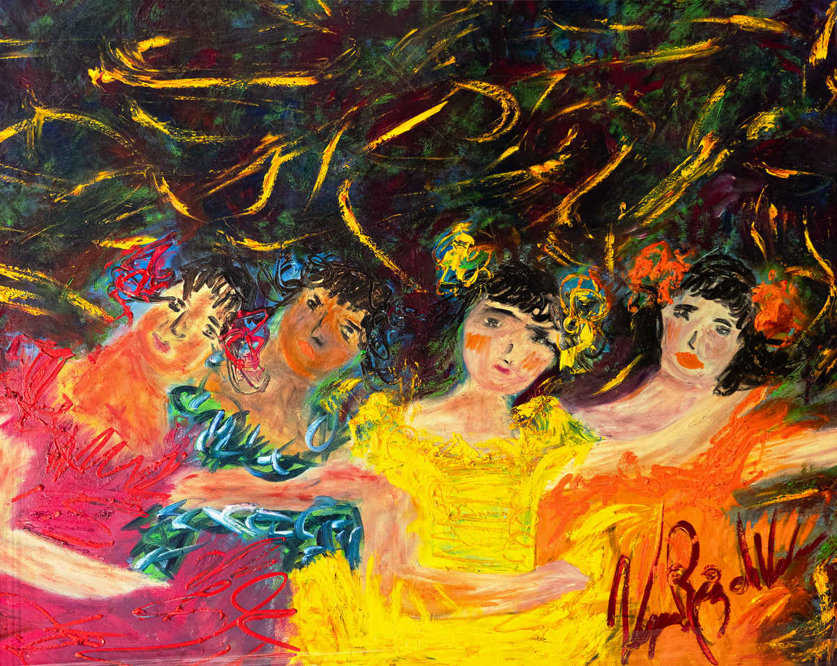 Amigas / Friends — by Veronica Ruiz de Velasco: four women's heads in profile beneath loose gold and dark green brushstrokes