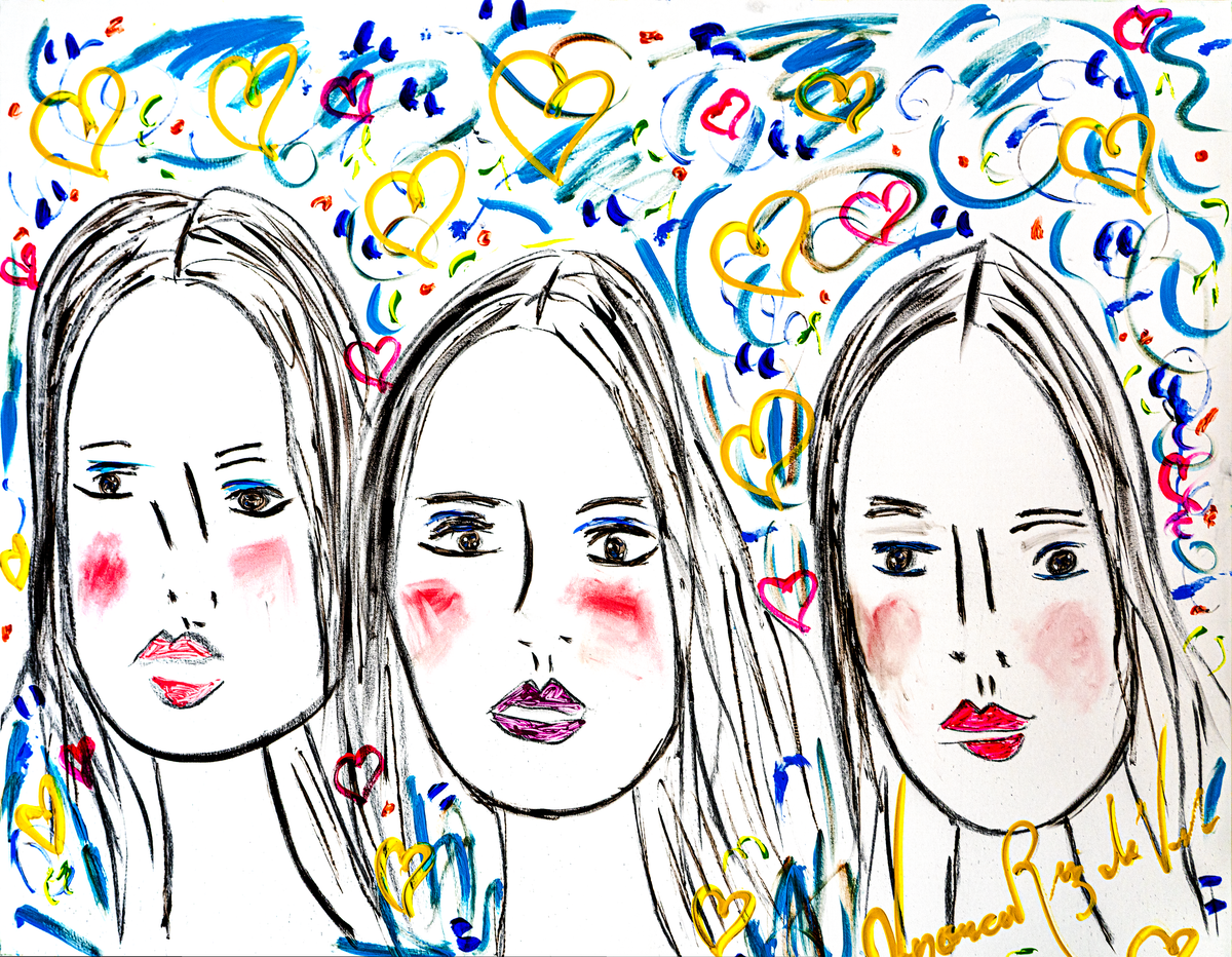 Asha — by Veronica Ruiz de Velasco: three faces in black ink outline with pink blush and red lips amid colorful heart doodles