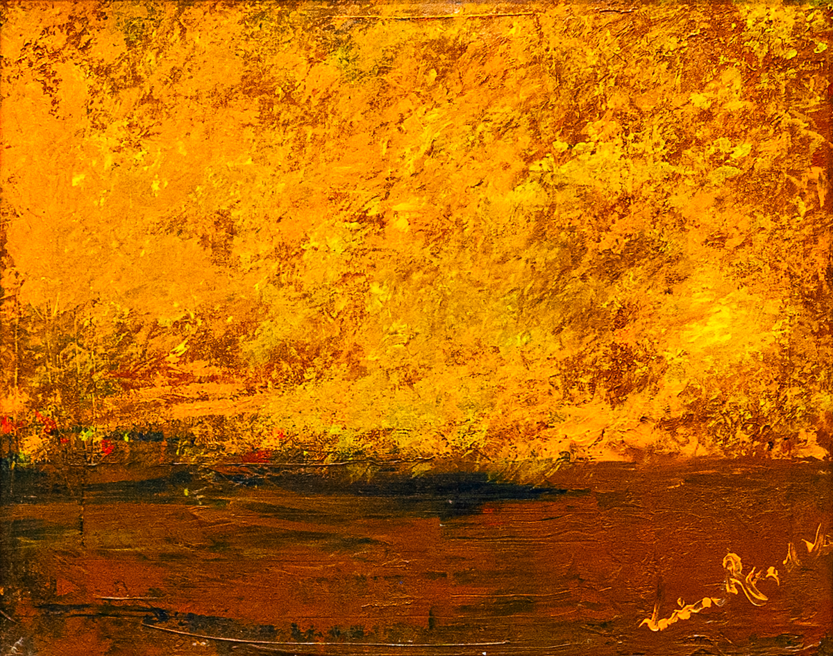 Atardecer — by Veronica Ruiz de Velasco: a blazing gold and burnt-orange textured sky above a dark brown band at the bottom