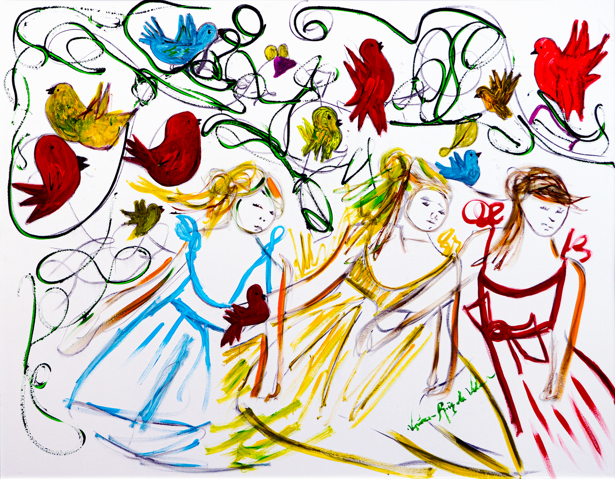 Birds in wind — by Veronica Ruiz de Velasco: eleven colorful birds in looping line-work above three women in sketch-brushed gowns on white
