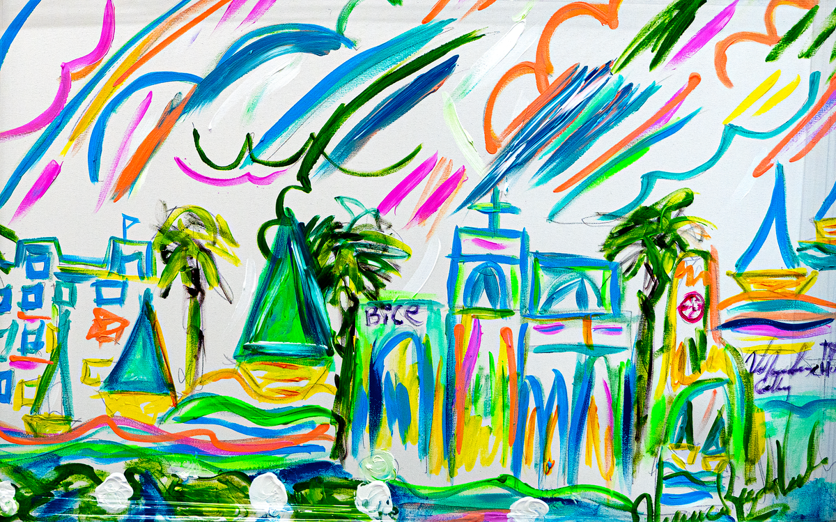 Bonito — by Veronica Ruiz de Velasco: a waterfront of blue-outlined buildings, palms and sailboats beneath orange, magenta and teal streaks