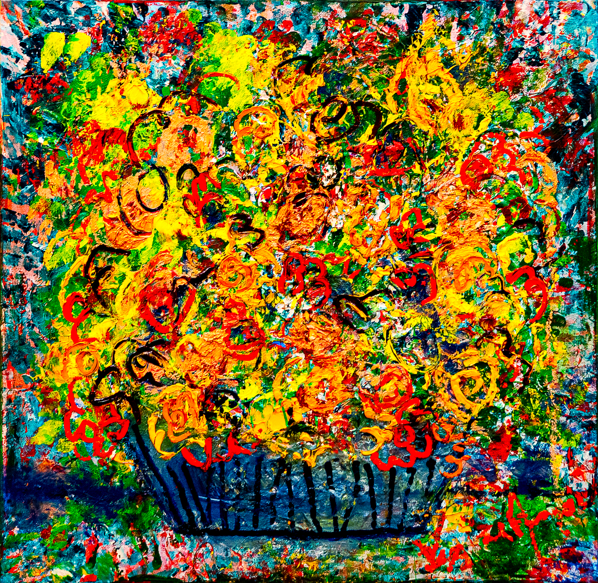 Bugambilia — by Veronica Ruiz de Velasco: a high-impasto bouquet in yellow, gold and orange mounds in a dark woven basket with red squiggles
