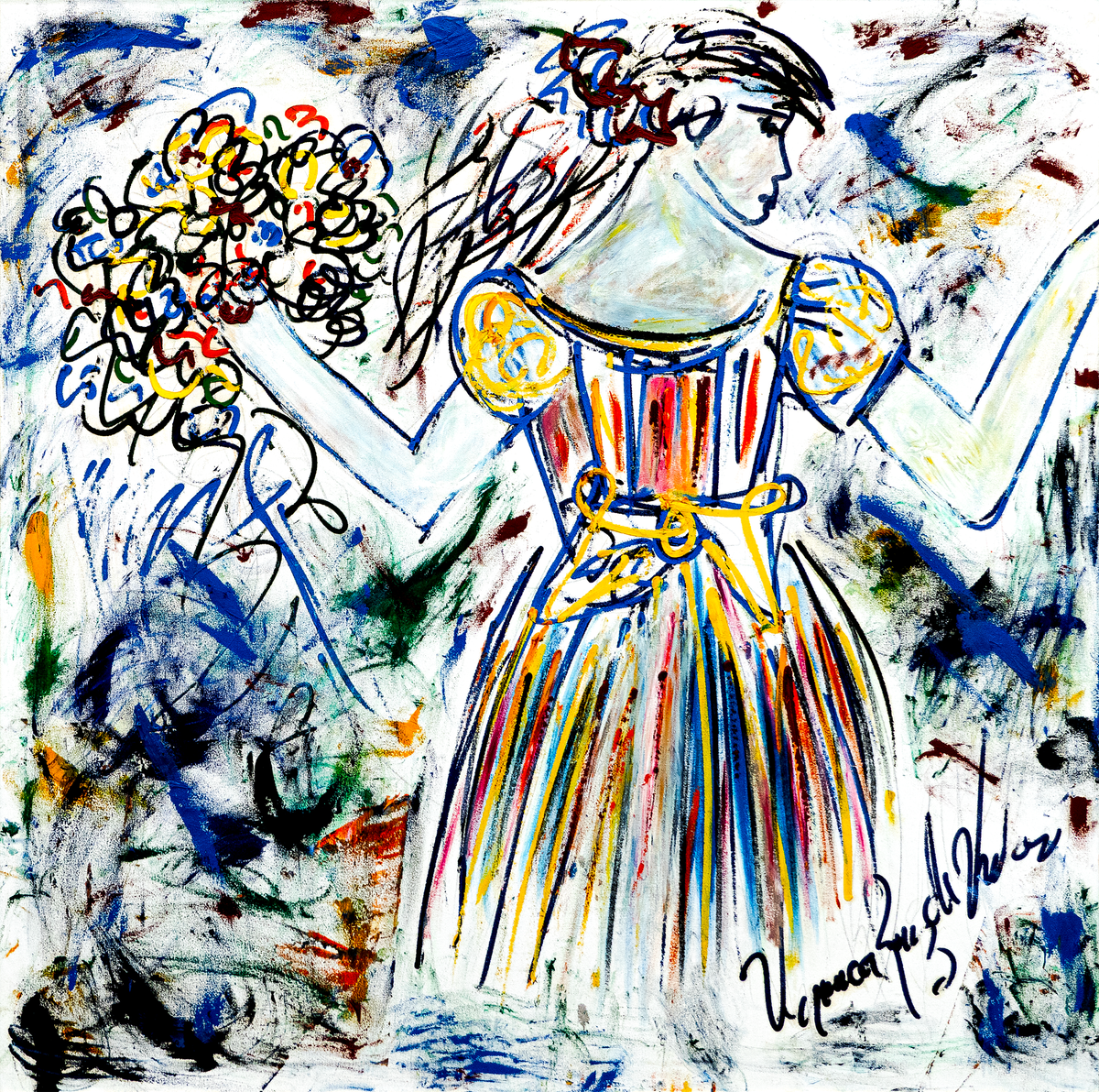 Dancer Dreaming — by Veronica Ruiz de Velasco: a dancer in profile with a red and cream striped bodice and puffed sleeves holding a scribbled bouquet