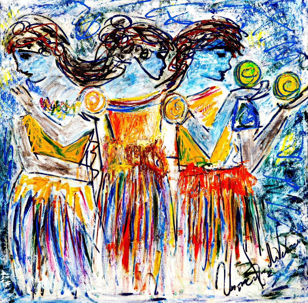 Dancers in october — by Veronica Ruiz de Velasco: three figures in profile with blue faces, scribbled hair and fringed yellow and orange skirts