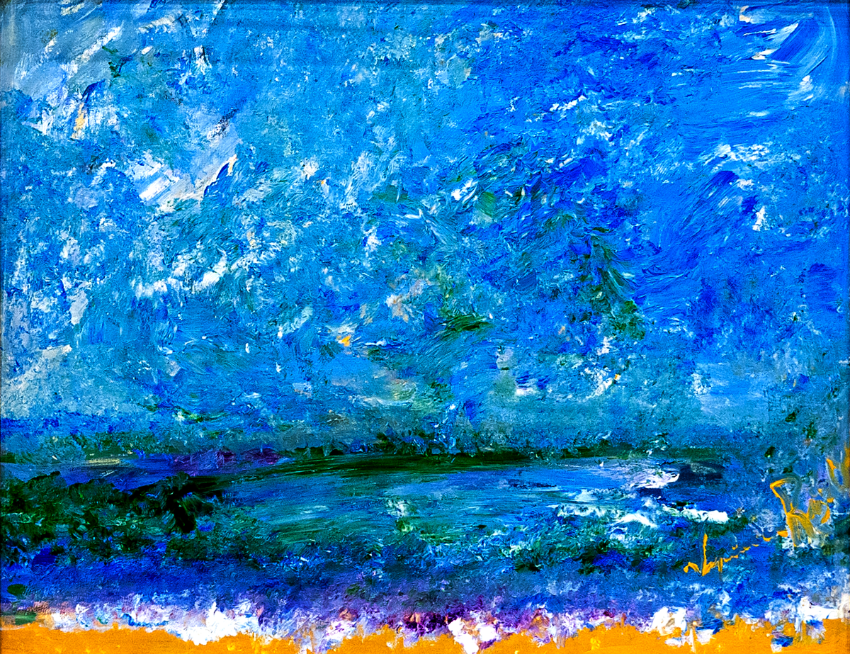 Delfines Mar — by Veronica Ruiz de Velasco: thick cobalt and teal strokes above a dark horizon and a turquoise inlet with yellow sand below