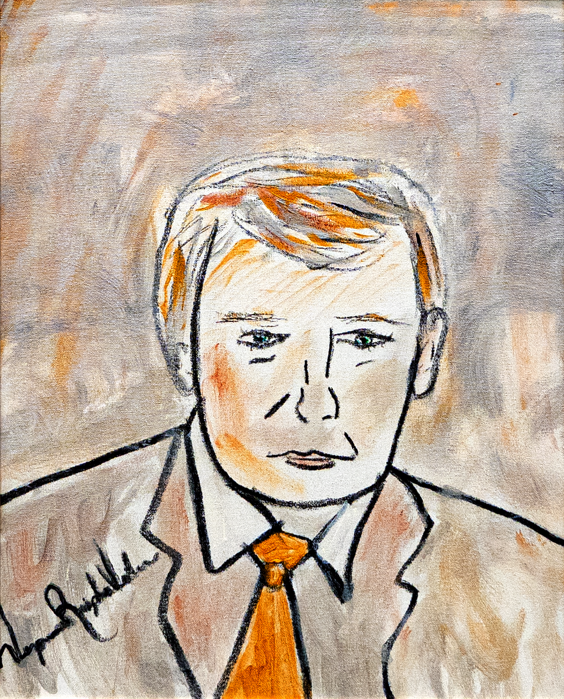 Donald John Trump — by Veronica Ruiz de Velasco: a frontal closed-mouth portrait of a man in a gray suit and orange tie on a soft gray ground
