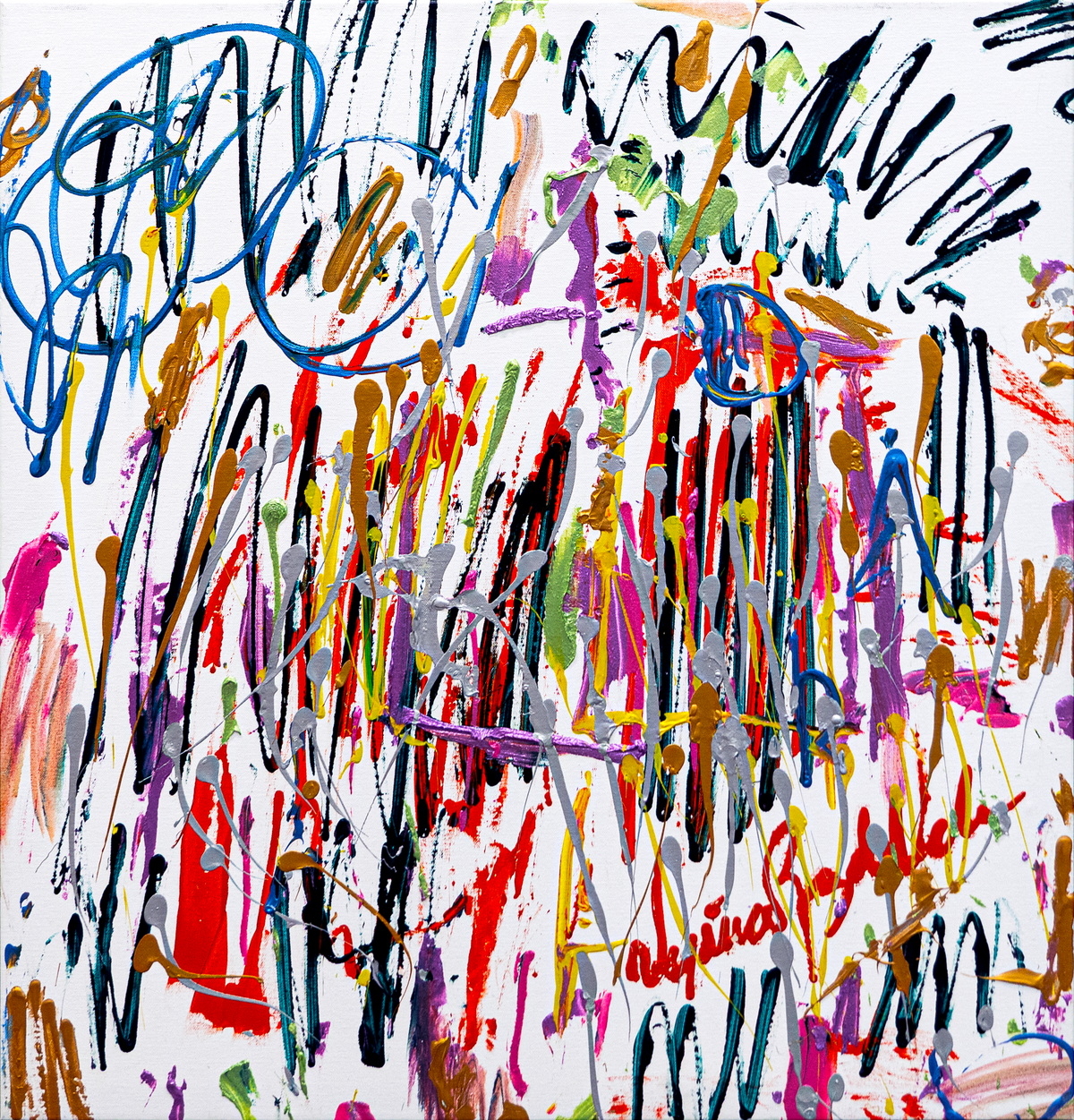 Energy — by Veronica Ruiz de Velasco: blue scribbles and black zigzags above a curtain of red, gold, purple and teal drips on white