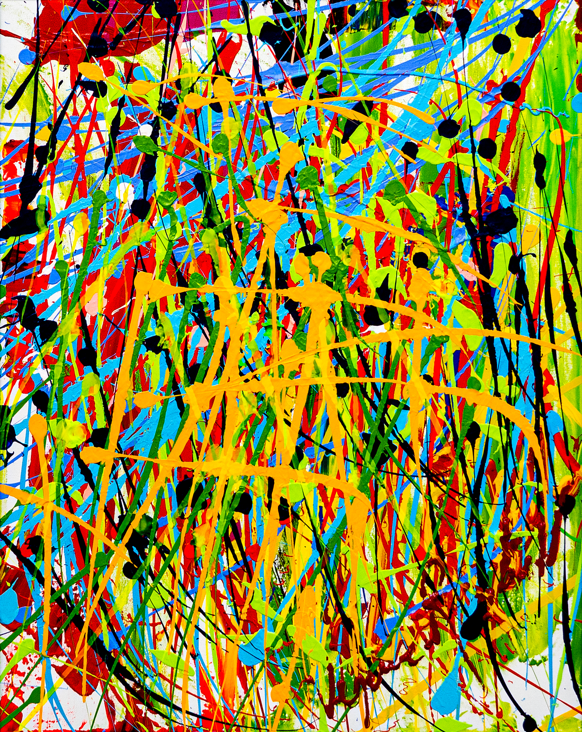 Epic No1 — by Veronica Ruiz de Velasco: poured skeins of red, black, blue and lime green over white with mustard-orange pours near the center