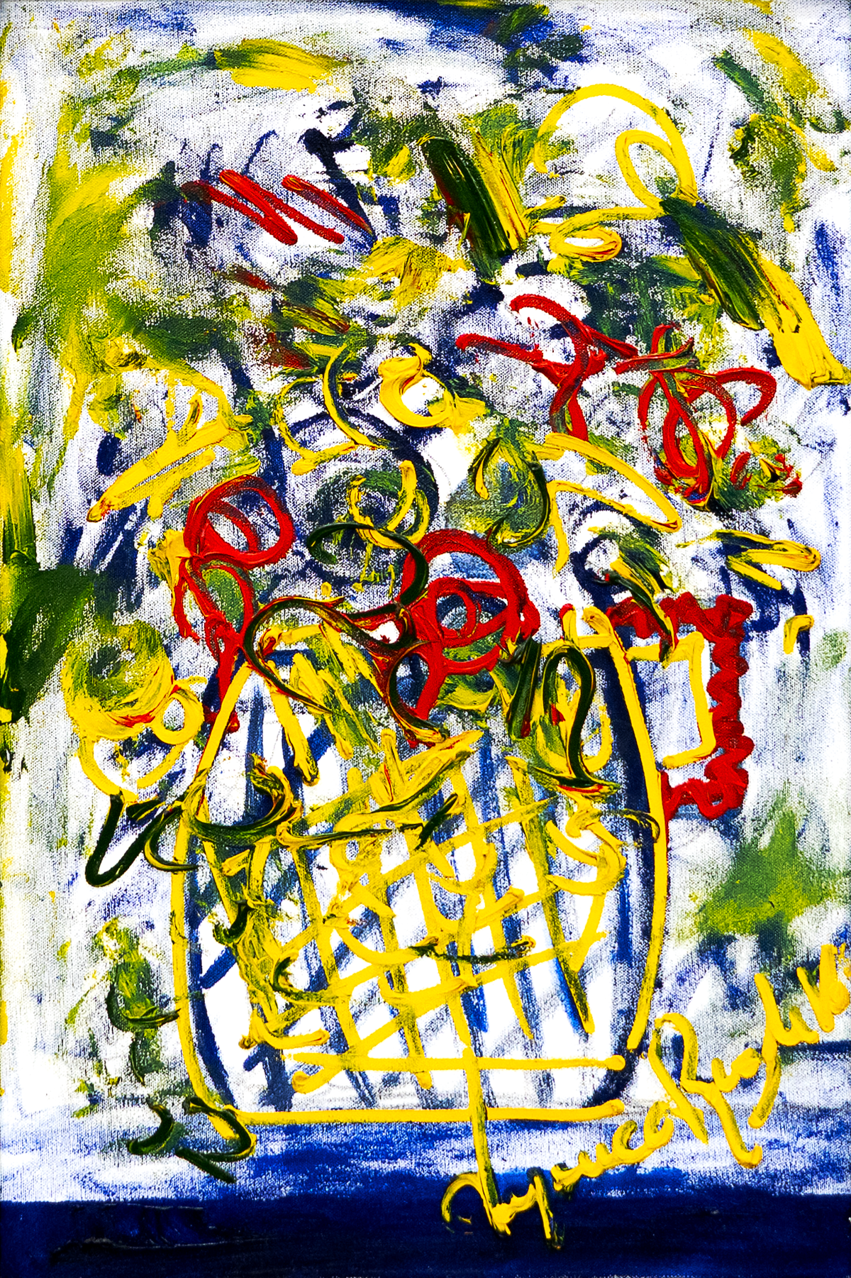 Flores Piña — by Veronica Ruiz de Velasco: a yellow woven basket with red scribbled blooms sketched on a mostly white ground