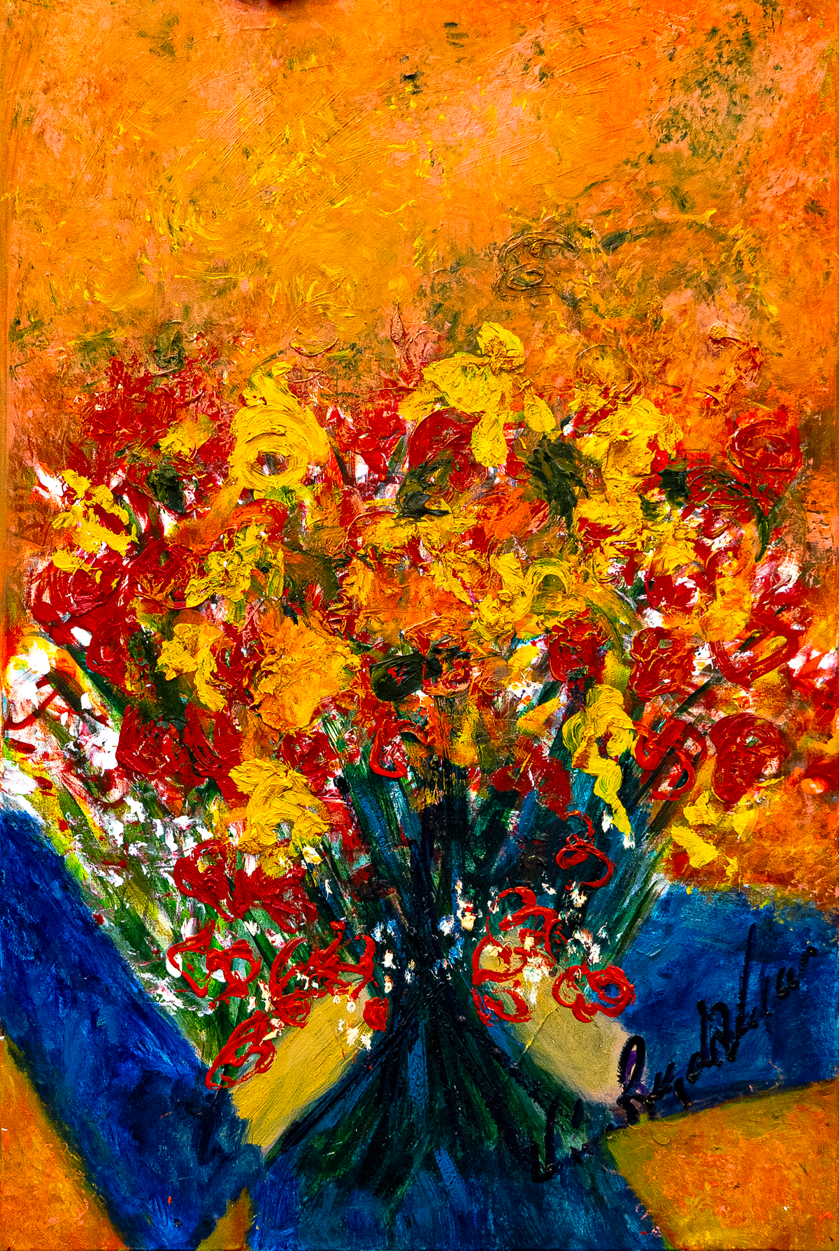 Flower to my love — by Veronica Ruiz de Velasco: a bundled bouquet of red and golden-yellow blooms on dark teal stems against orange and blue