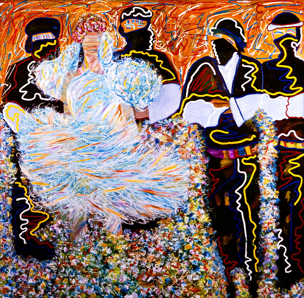 Friends — by Veronica Ruiz de Velasco: five outlined figures in black hats and a central figure in a billowing white gown with a blossom crown on scorched orange