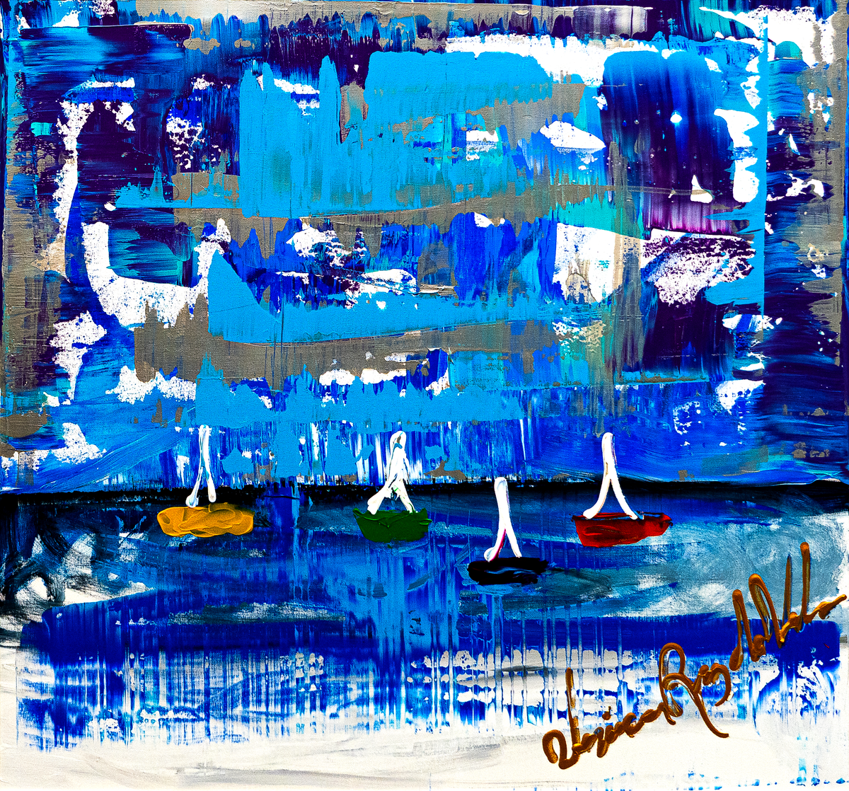 Fun Ocean — by Veronica Ruiz de Velasco: four small sailboats with white sails crossing churning cobalt, indigo and turquoise bands