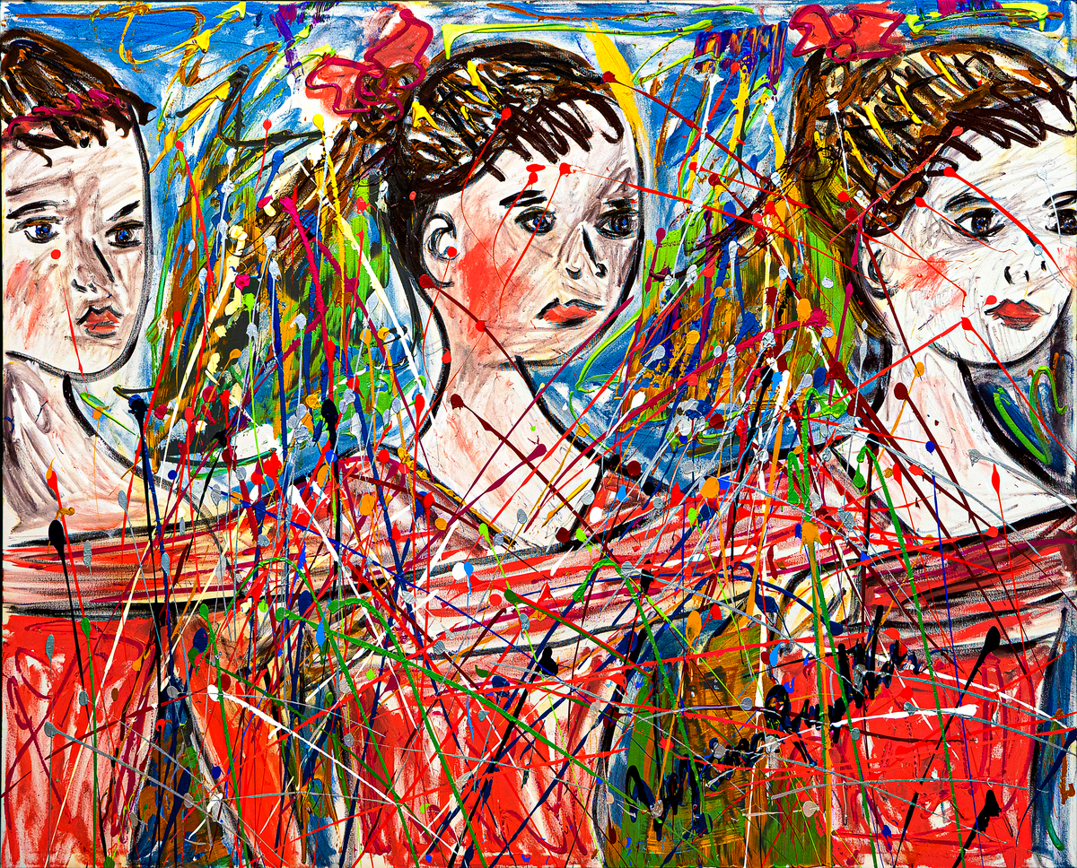 Girls Vida Karlota Sibelita — by Veronica Ruiz de Velasco: three girls' faces, one with a red ribbon in her hair, behind dripped and flung paint