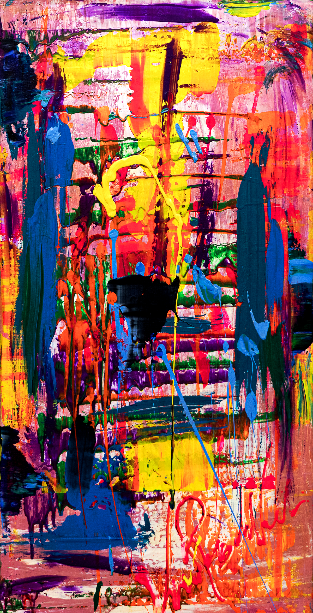 Happy 18 years — by Veronica Ruiz de Velasco: a tall column of purple, yellow, coral and magenta drips with cyan and slate accents