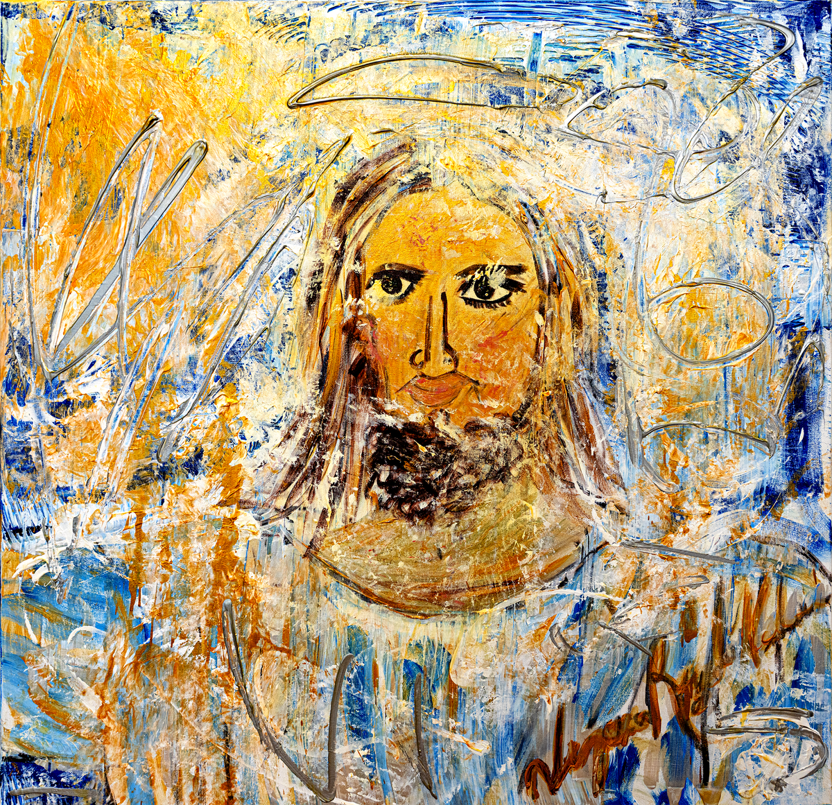 I Love You God — by Veronica Ruiz de Velasco: a bearded face with a thin halo in warm gold and amber against blue and white