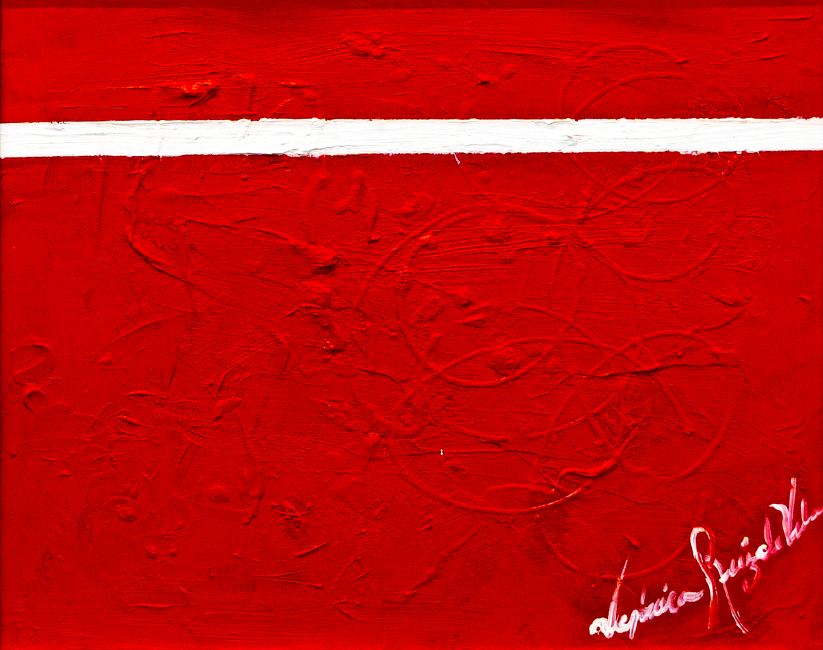 Ilusion — by Veronica Ruiz de Velasco: a matte red field crossed by a single white band with faint scratched circular lines