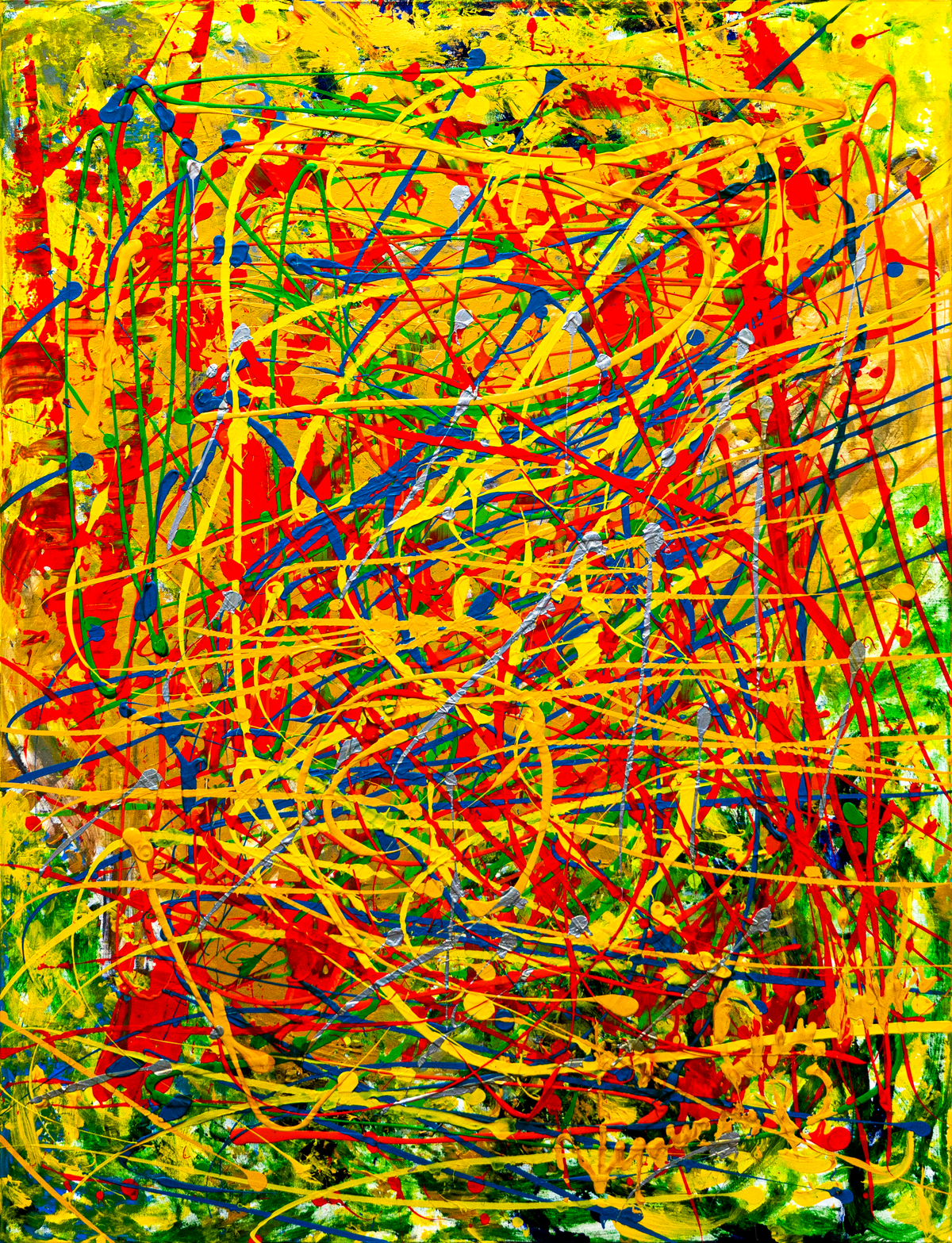 Ilusions — by Veronica Ruiz de Velasco: loops of red, cobalt and golden yellow thrown across a yellow-green ground