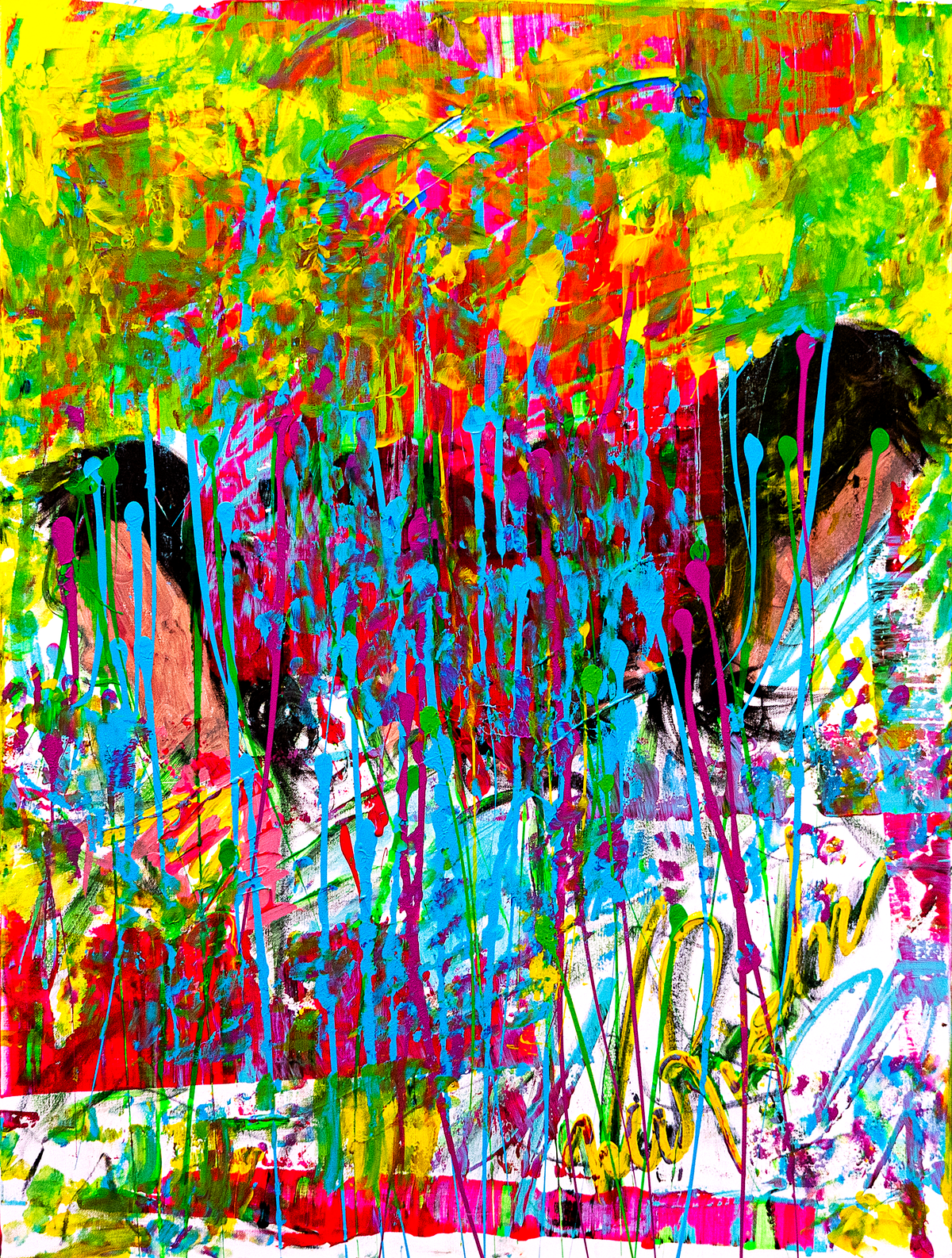 Las chicas — by Veronica Ruiz de Velasco: two dark-haired heads bowed toward each other beneath a curtain of turquoise, magenta and chartreuse drips