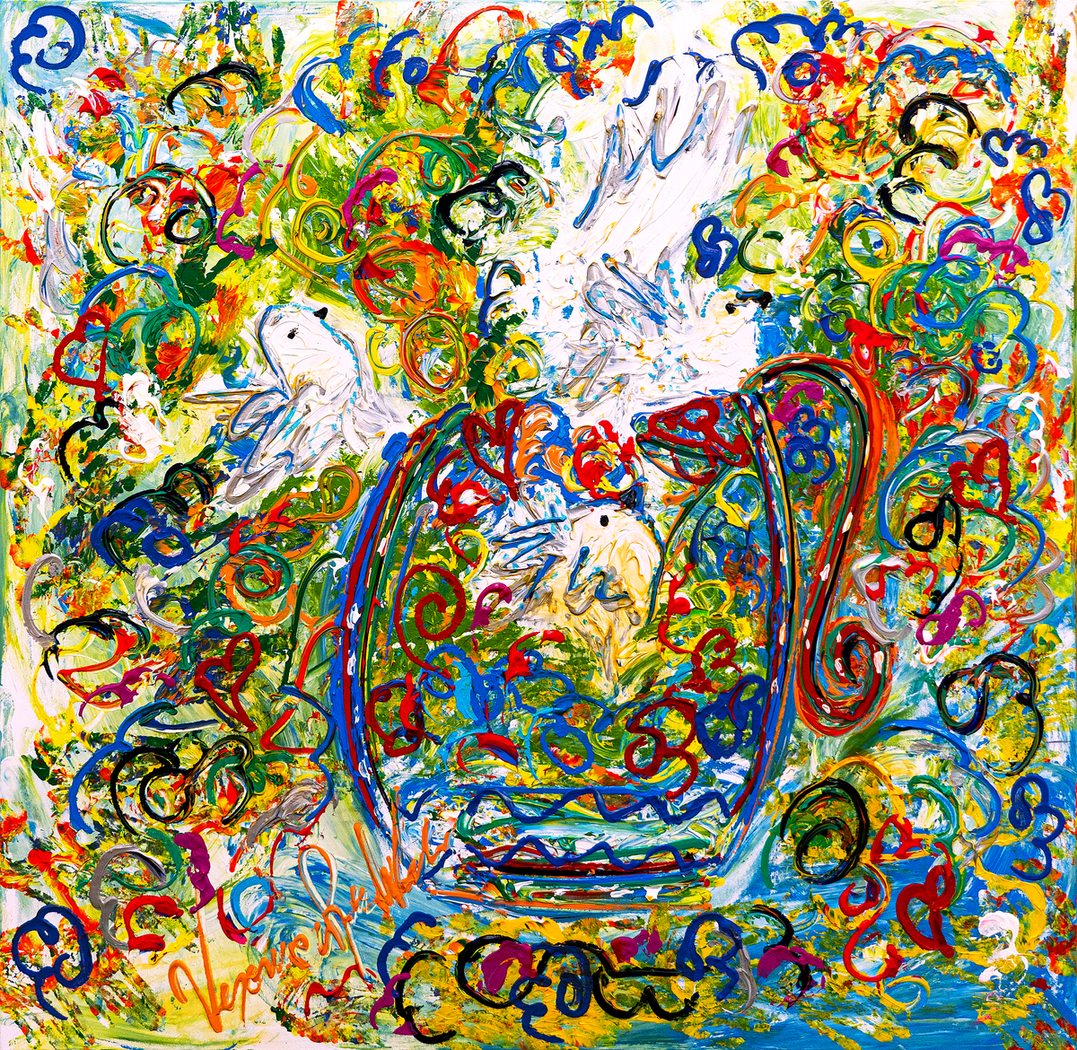 Las palomas del espíritu santo — by Veronica Ruiz de Velasco: two white doves amid looping red, blue, green and black lines over a sunlit garden of yellow and green