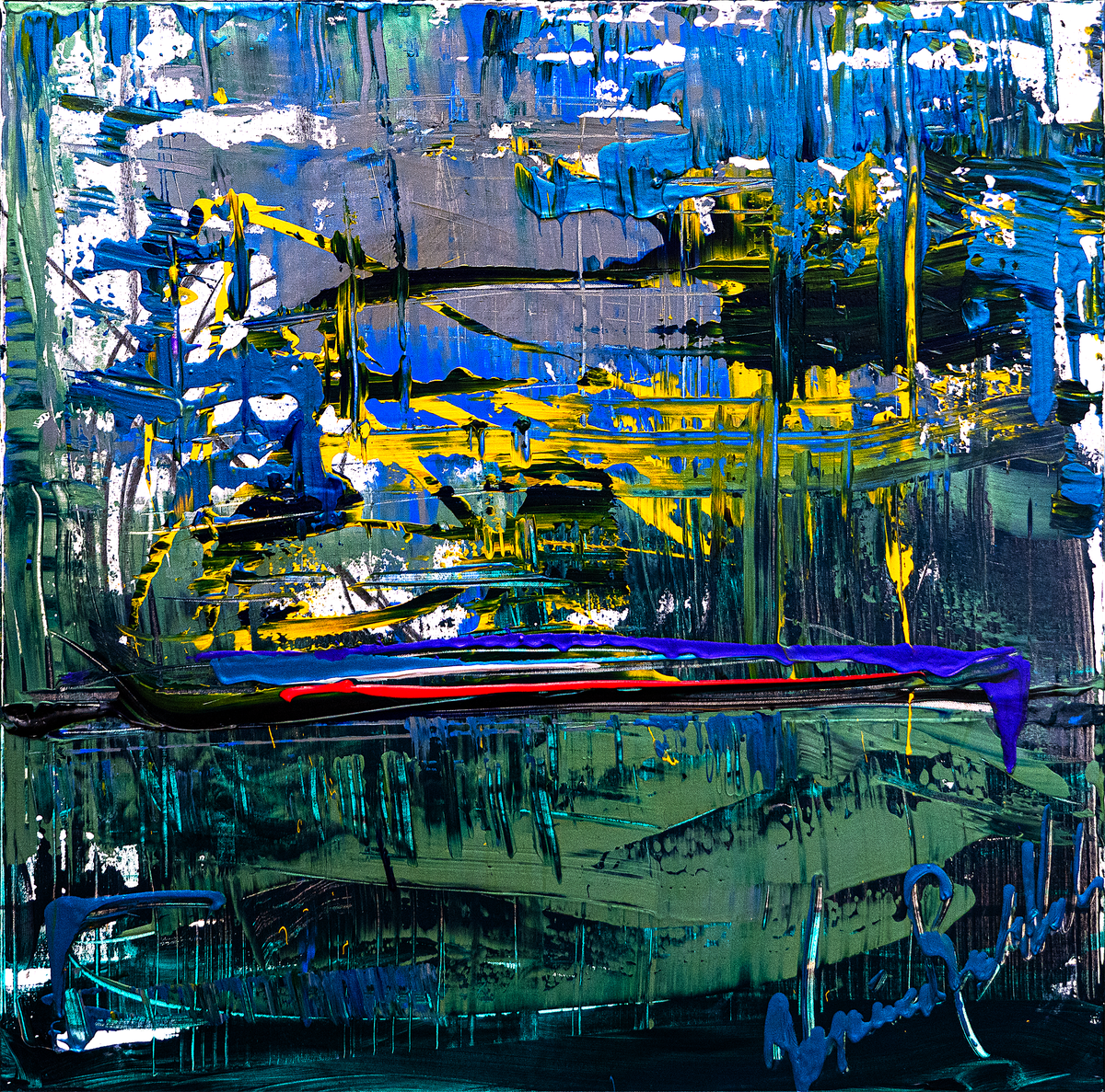 Lite B — by Veronica Ruiz de Velasco: vertical drips of cobalt, teal, olive and yellow with a violet-blue band across the lower third