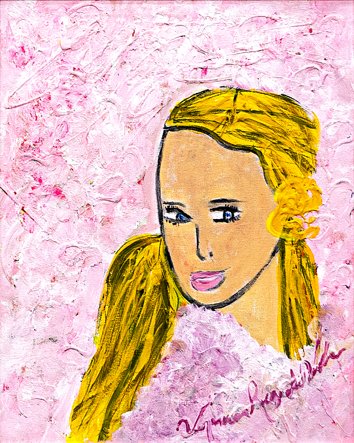 Little Bella — by Veronica Ruiz de Velasco: a young woman with golden hair and blue eyes in a pink fluffy collar against pink impasto