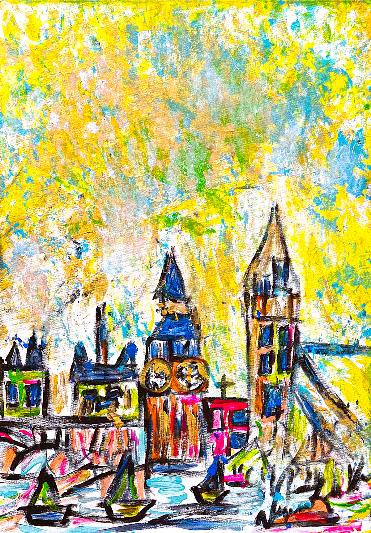 London — by Veronica Ruiz de Velasco: two towers with clock faces, a railing and small sailboats in yellow, sky blue and mint green