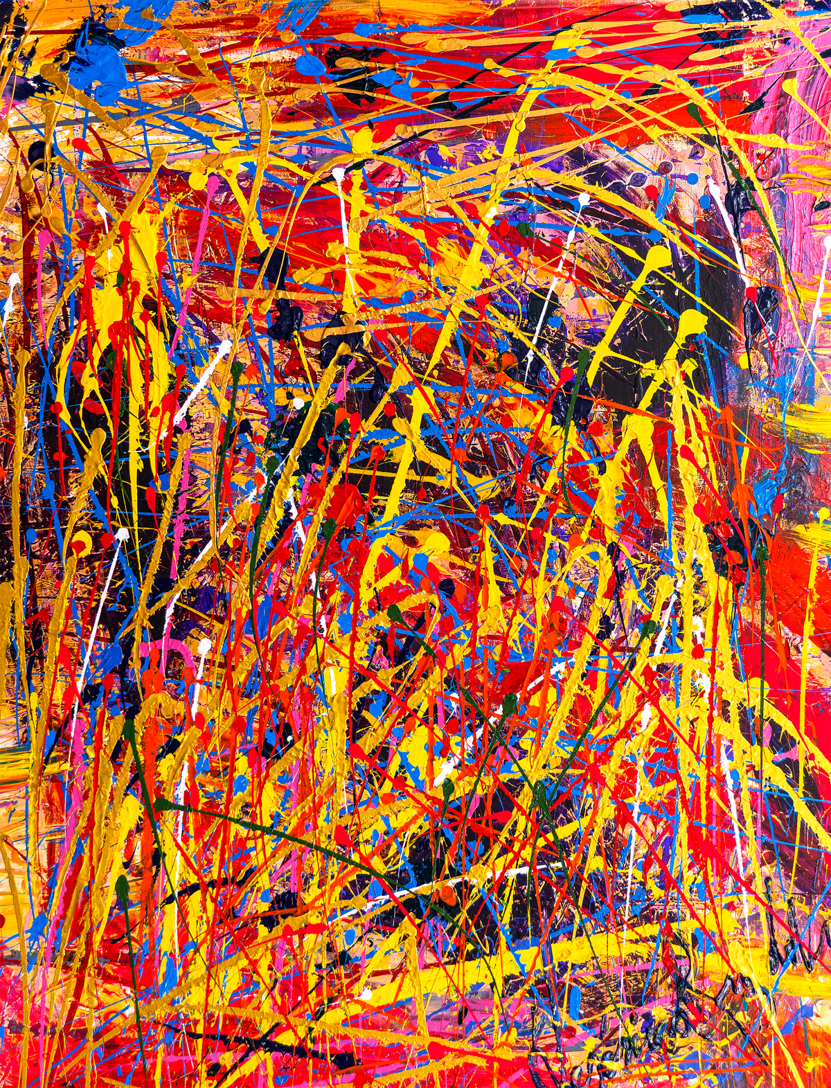 Love in paradise flower — by Veronica Ruiz de Velasco: yellow stalks in a dense tangle of red, cobalt, white and hot pink splatter