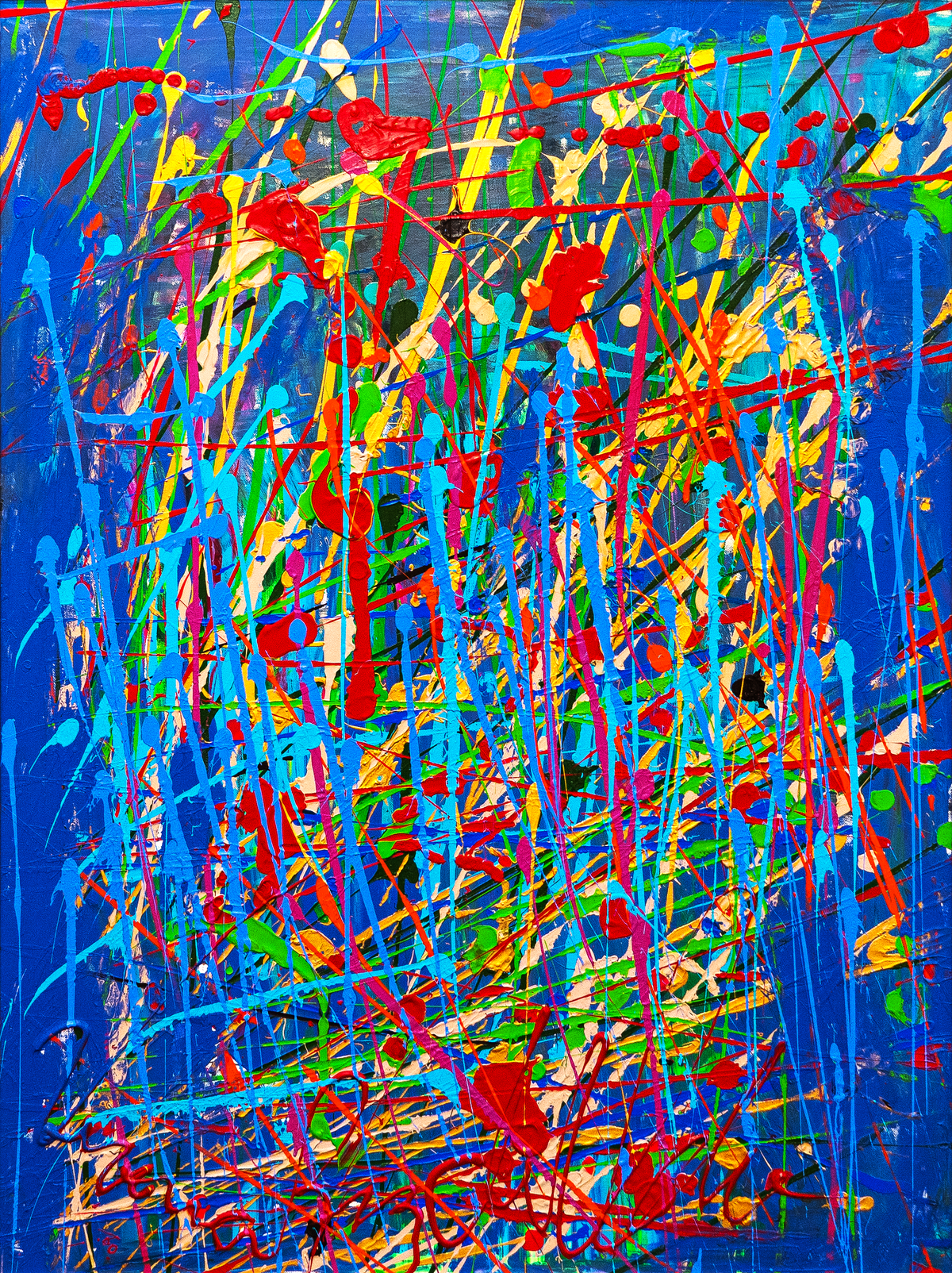 Lovely purple color — by Veronica Ruiz de Velasco: vertical drips of red, yellow and green over a deep cobalt and ultramarine field