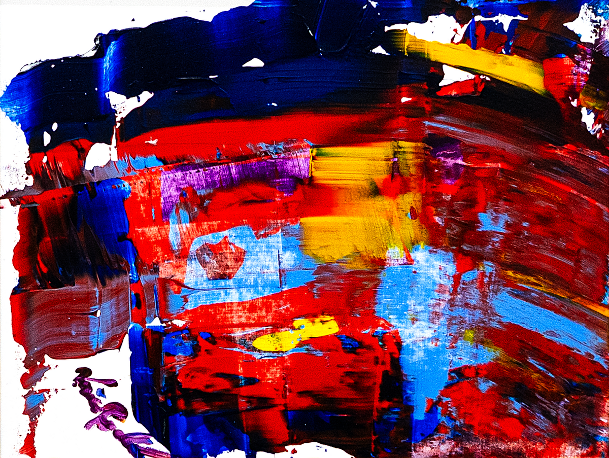 Love you — by Veronica Ruiz de Velasco: interlocking bands of crimson and navy blue with sky blue and a gash of gold