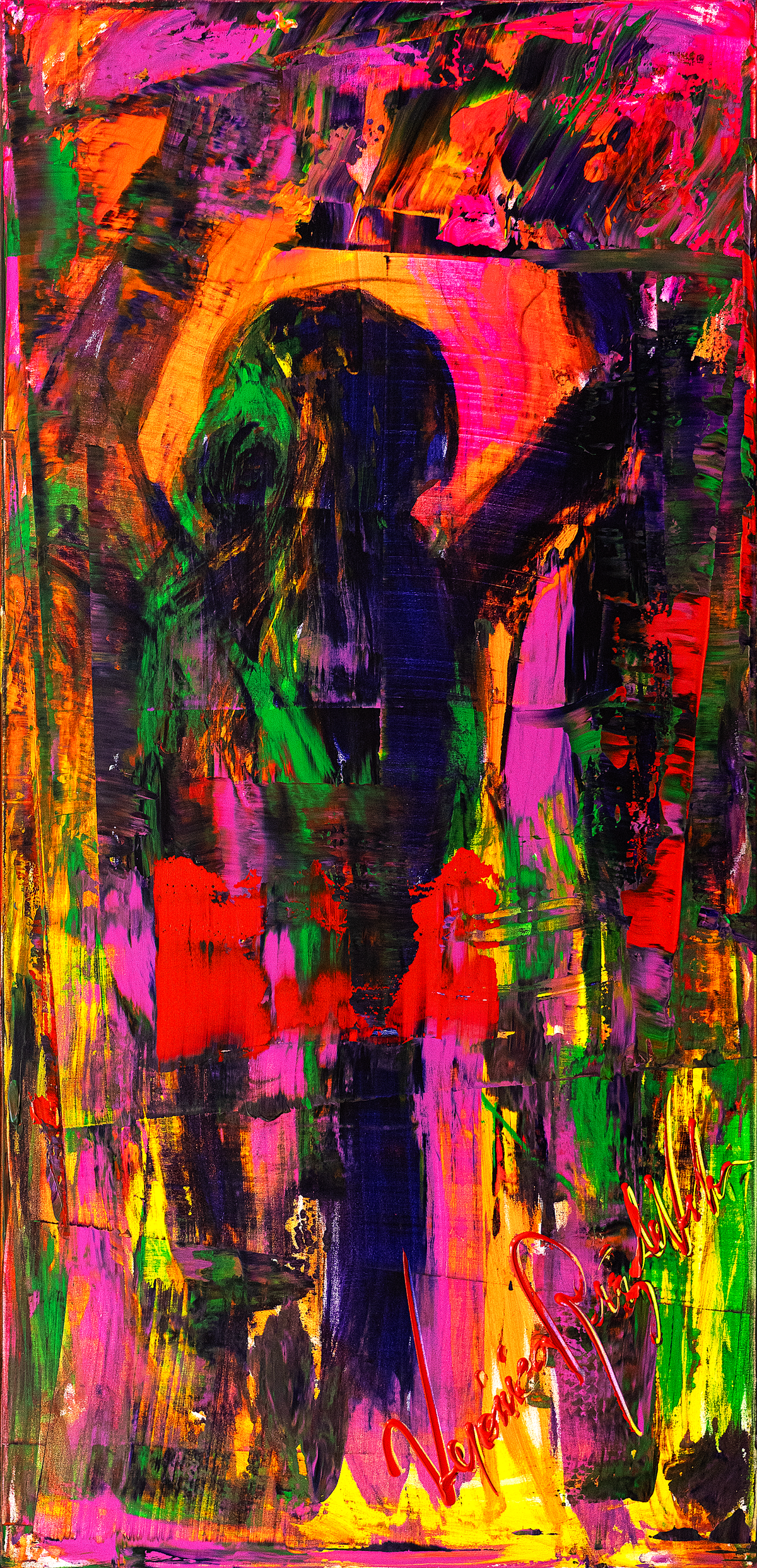 Me — by Veronica Ruiz de Velasco: a dark silhouetted head and shoulders form in magenta, orange and violet strokes on a tall canvas